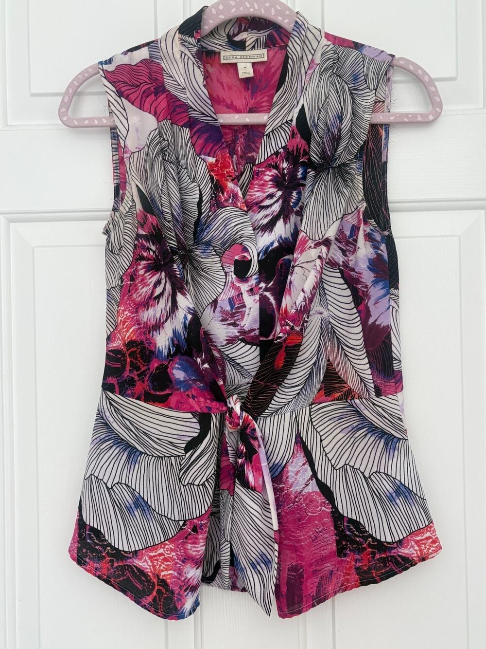 Dana Buchman Sleeveless Floral Blouse Pink Purple Black Tie Front Size S 2-8